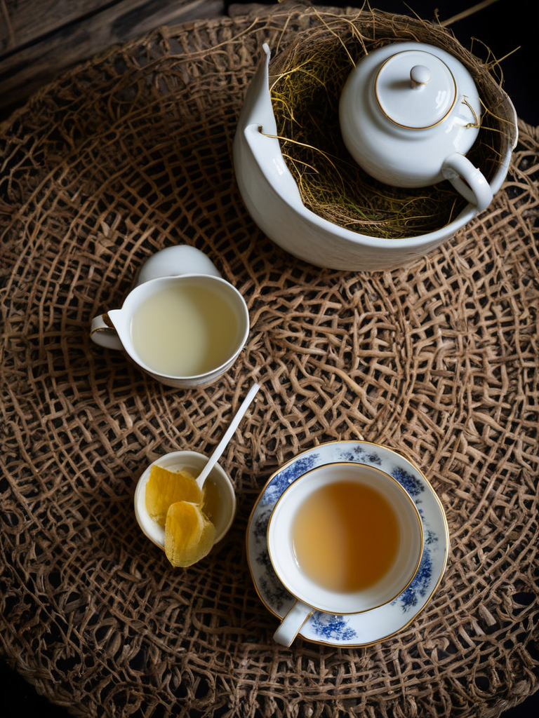 Un homme de 45 ans dégustant une tisane dans un cadre champêtre